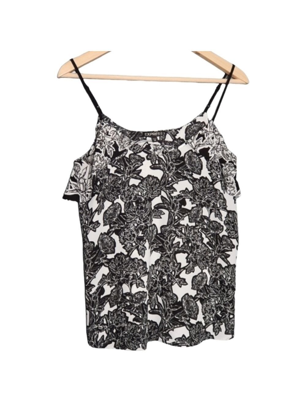 Black & White Floral Print Tank Top Womens XS Adjustable Keyhole Back